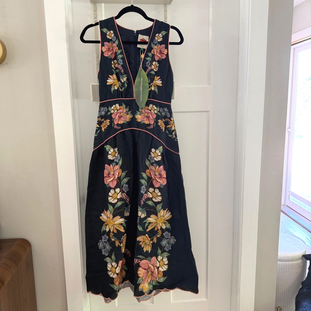 NWT Farm Rio Maira Floral Linen Plunge Midi Dress Navy Pink XS Drop Waist Boho